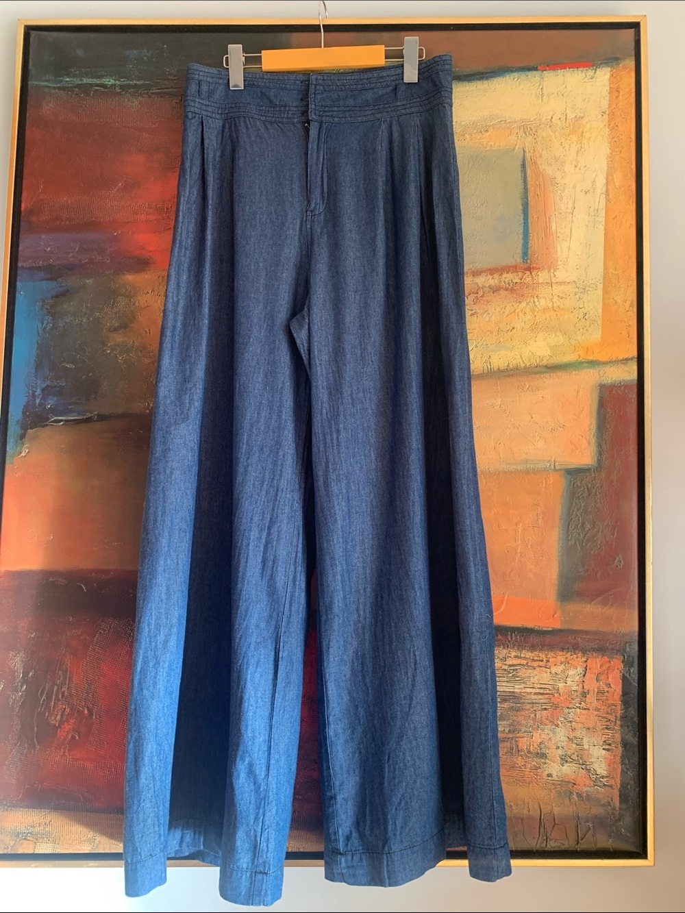 Delicious Tomato Pleated High-Waist Wide-Leg Chambray Trouser Pants with Belt L